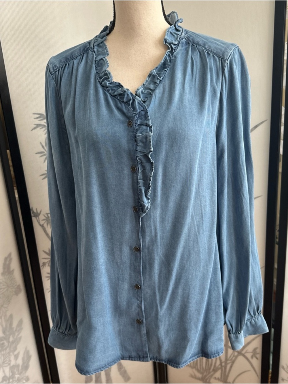 beachlunchlounge Light Blue Ruffle-Trim Button Front Blouse